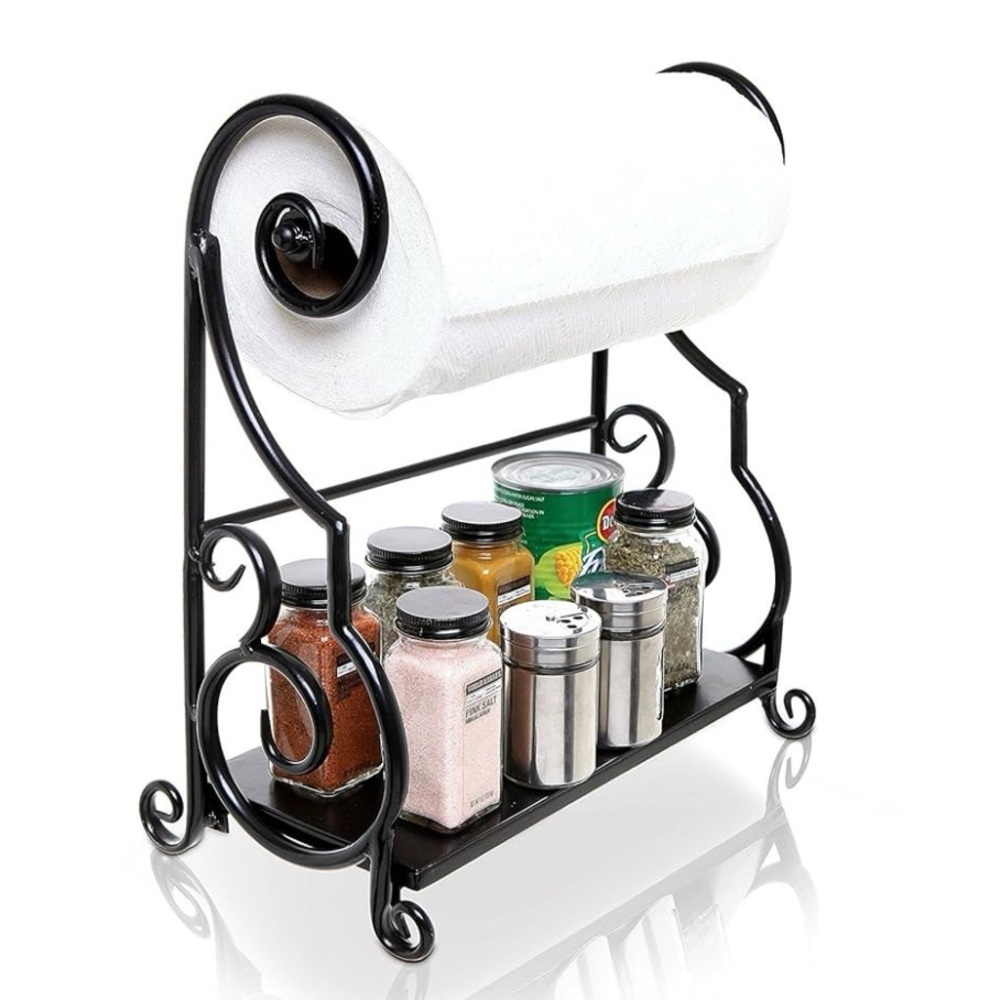 Elegant Black Metal Freestanding Kitchen Paper Towel Holder and Spice Rack